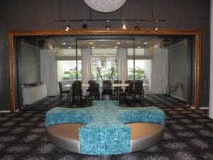 A picture of the blue color cushion at the restaurant