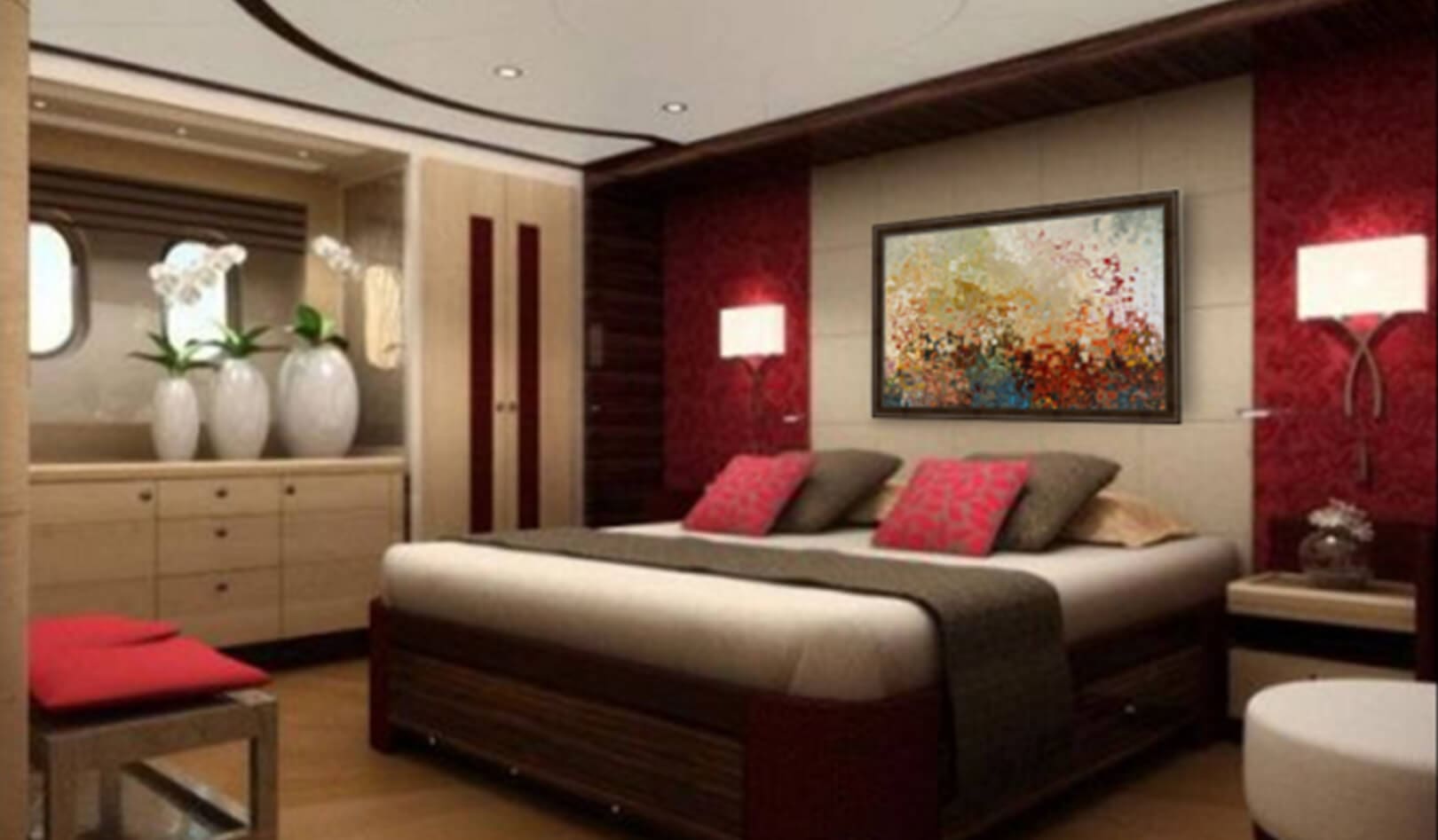 A picture of the brown and red theme bed room