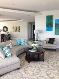 A picture of the room with couch and table