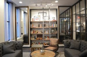 A picture of the books and furniture in the library